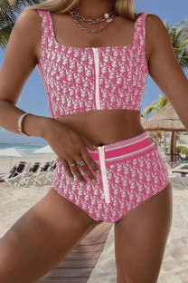 Pink Fashion Sportswear Print Zipper Swimwears