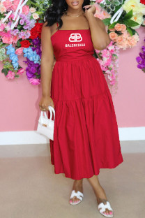 Red Fashion Elegant Print Letter Spaghetti Strap A Line Dresses