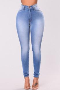 Medium Blue Fashion Casual Solid Split Joint High Waist Skinny Denim Jeans