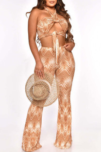 Orange Sexy Print Bandage Hollowed Out Halter Sleeveless Two Pieces