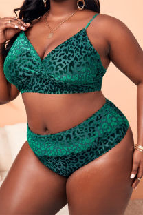 Green Fashion Sexy Leopard Split Joint Backless V Neck Plus Size Swimwear (With Paddings)