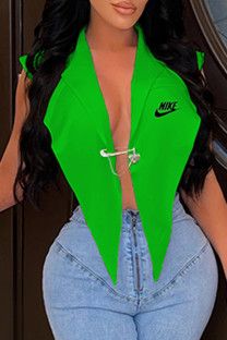 Green Fashion Sexy Print Asymmetrical Turndown Collar Tops