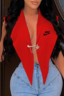 Red Fashion Sexy Print Asymmetrical Turndown Collar Tops