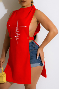 Red Sexy Patchwork Hot Drill O Neck Tops