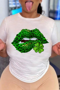 White Green Fashion Casual Lips Printed Basic O Neck T-Shirts