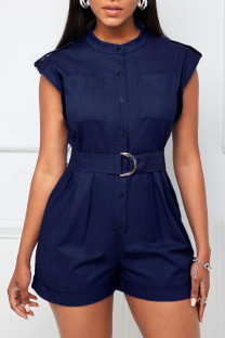 Dark Blue Casual Solid Split Joint Buckle O Neck Sleeveless Straight Denim Jumpsuits