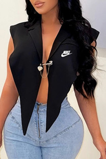 Black Fashion Sexy Print Asymmetrical Turndown Collar Tops