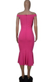 Rose Red Celebrities Solid Split Joint Flounce Asymmetrical Off the Shoulder One Step Skirt Dresses