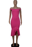 Rose Red Celebrities Solid Split Joint Flounce Asymmetrical Off the Shoulder One Step Skirt Dresses