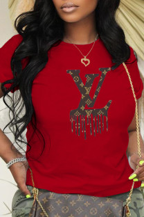 Red Fashion Casual Print Letter O Neck T-Shirts