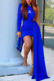 Blue Fashion Celebrities Print Split Joint One Shoulder One Step Skirt Dresses