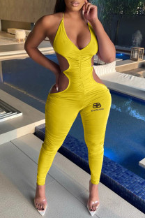 Yellow Fashion Sexy Print Fold V Neck Jumpsuits