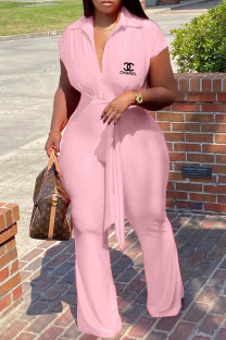 Pink Fashion Casual Print Split Joint Turndown Collar Loose Jumpsuits
