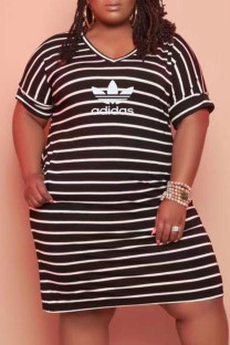 Black Fashion Casual Striped Print Letter V Neck One Step Skirt Plus Size Dresses