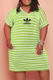 Light Green Fashion Casual Striped Print Letter V Neck One Step Skirt Plus Size Dresses