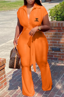Orange Fashion Casual Print Split Joint Turndown Collar Loose Jumpsuits