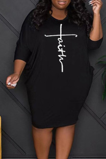 Black Casual Print Split Joint O Neck One Step Skirt Plus Size Dresses