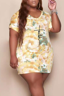 Yellow Casual Print Split Joint O Neck Straight Plus Size Dresses