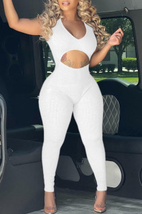 White Sexy Solid Hollowed Out Split Joint V Neck Skinny Jumpsuits