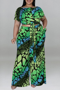 Green Casual Print Bandage Split Joint O Neck Plus Size Two Pieces