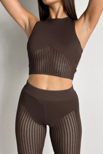 Brown Sexy Solid Split Joint O Neck Sleeveless Two Pieces