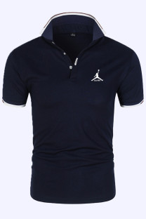 Navy Blue Fashion Sportswear Print Split Joint POLO collar Tops