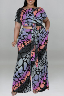 Grey Casual Print Bandage Split Joint O Neck Plus Size Two Pieces