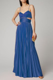 Blue Celebrities Elegant Solid Split Joint Fold Spaghetti Strap Straight Dresses
