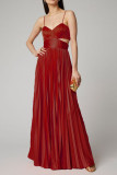 Red Celebrities Elegant Solid Split Joint Fold Spaghetti Strap Straight Dresses