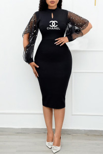 Black Fashion Celebrities Print Split Joint O Neck Wrapped Skirt Dresses