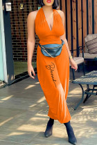 Orange Fashion Casual Print Backless Halter Regular Jumpsuits