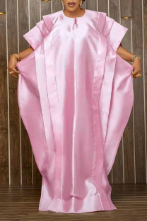 Pink Elegant Solid Patchwork Flounce O Neck Irregular Dress Dresses