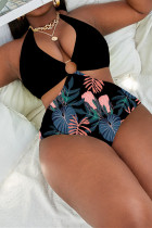 Blue Black Fashion Sexy Print Patchwork Backless Halter Plus Size Swimwear (With Paddings)