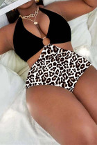 Black White Fashion Sexy Print Patchwork Backless Halter Plus Size Swimwear (With Paddings)