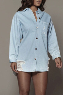 Blue Casual Solid Ripped Patchwork Buckle Turndown Collar Long Sleeve Straight Denim Jacket