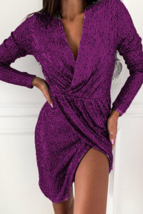 Purple Casual Solid Patchwork Asymmetrical V Neck Dresses