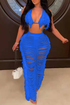 Blue Sexy Solid Tassel Hollowed Out Patchwork Halter Sleeveless Two Pieces