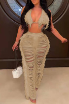 Apricot Sexy Solid Tassel Hollowed Out Patchwork Halter Sleeveless Two Pieces