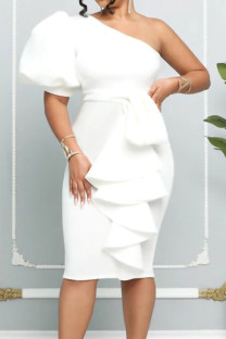 White Celebrities Solid Patchwork Flounce Oblique Collar Dresses