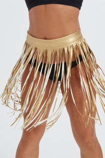 Gold Fashion Sexy Solid Tassel Patchwork Regular High Waist Skirt
