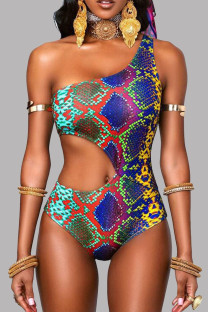 Turquoise Fashion Sexy Print Hollowed Out Backless Swimwears (With Paddings)