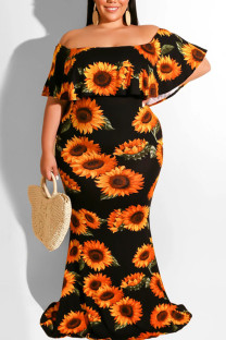 Black Sexy Print Patchwork Flounce Off the Shoulder One Step Skirt Plus Size Dresses