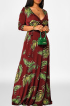 Burgundy Fashion Casual Print Patchwork V Neck Long Dress