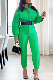 Green Casual Solid Patchwork Buckle Turndown Collar Jumpsuits(Without Belt)