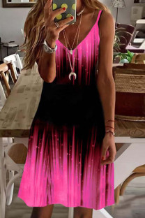 Black Pink Sexy Casual Print Backless V Neck Sling Dress