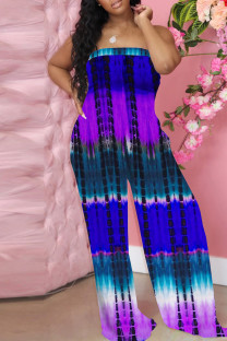 Blue Purple Casual Print Patchwork Strapless Straight Jumpsuits