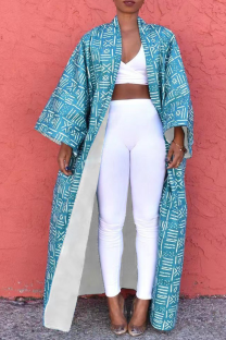 Blue Casual Print Patchwork Outerwear