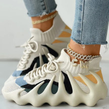 Cream White Fashion Casual Sportswear Bandage Patchwork Round Sport Running Shoes
