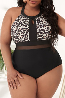 Multicolor Fashion Sexy Print Leopard Patchwork Backless O Neck Plus Size Swimwear (With Paddings)