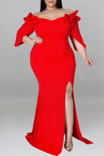 Red Fashion Sexy Plus Size Solid Patchwork Slit Off the Shoulder Evening Dress